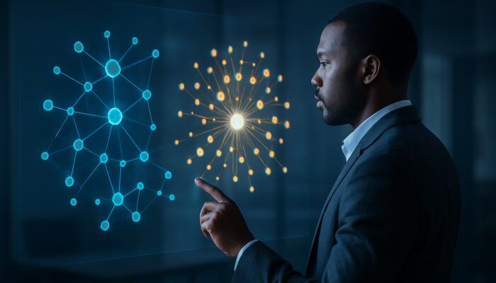 Analyst reviewing holographic LinkedIn audience maps highlighting enterprise clusters in B2B hosting visualization